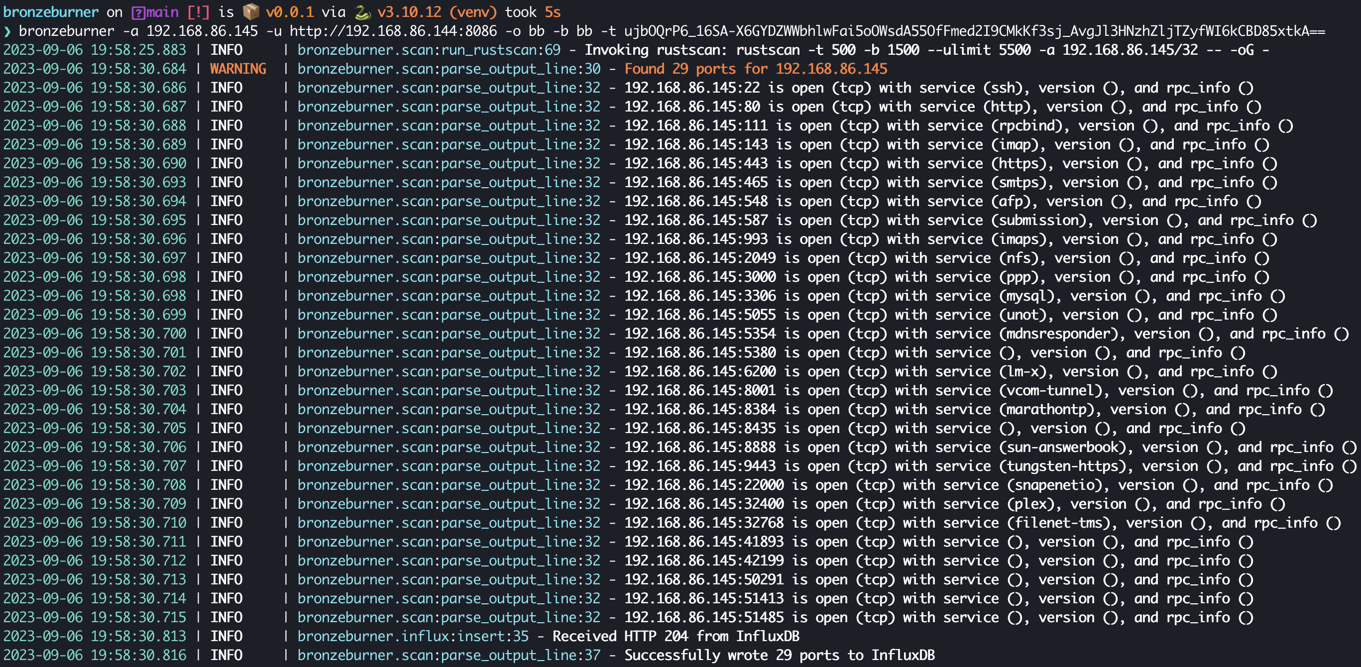 command line execution of bronzeburner showing various open ports and details for an ip address