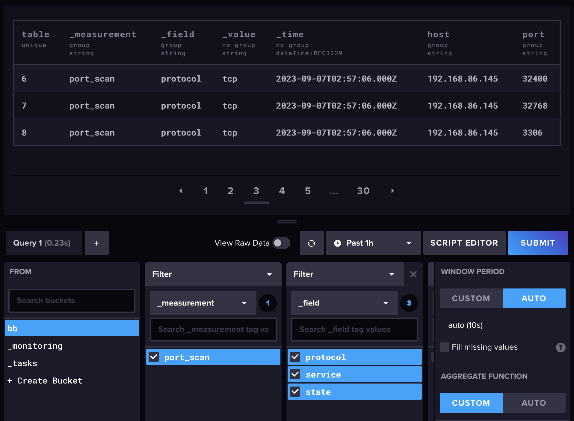 influxdb interface showing port information imported into a time series database format for querying